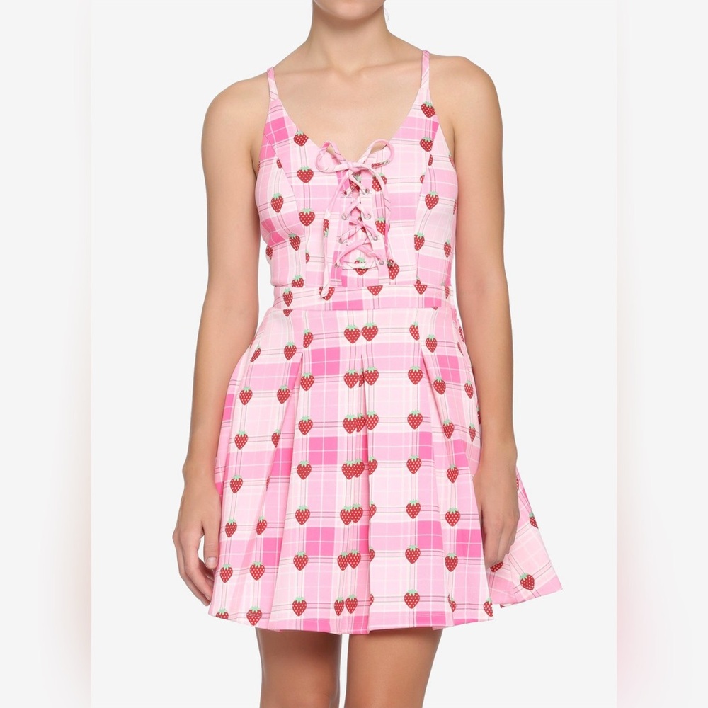 Hot Topic Strawberry Pink Plaid Dress with Strawberries - XL